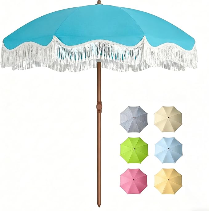 7FT Patio Umbrella with Fringe, Outdoor Tassel Umbrella with Fiberglass Ribs, Boho Beach Umbrella, Push Button Tilt and Carrying Bag, UPF50+