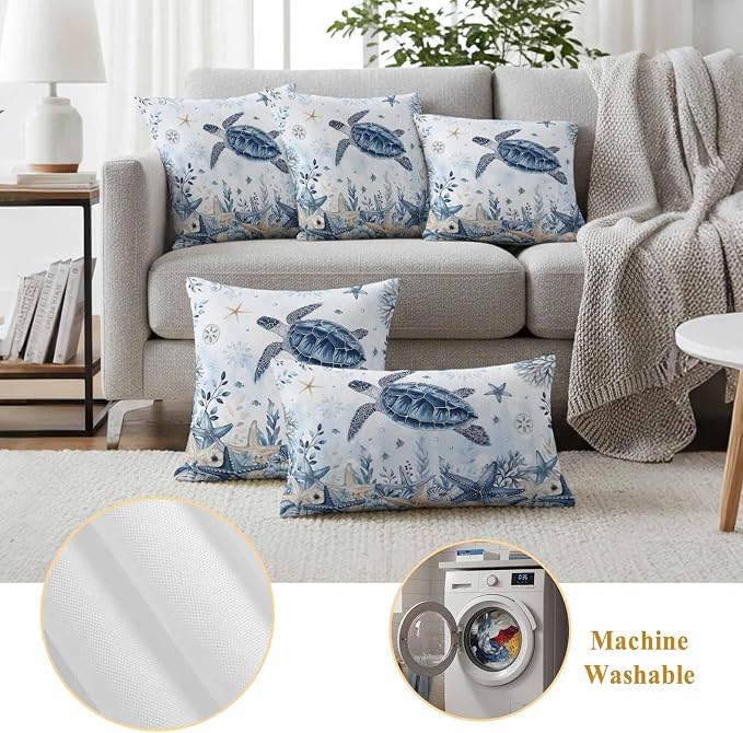 Pack of 2 Blue Turtle Coastal Outdoor Pillow Covers Decorative, Beach Starfish Waterproof Pillow Protector, Nautical Coral Botanical Throw Pillowcases Accent Cushion Cases for Patio Couch Sofa 18"x18"