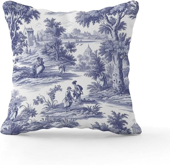 Navy White Blue Decorative Toile Print Cushion Cases French Charmed Life Toile Throw Pillow Cover Modern Throw Pillow Covers Farmhouse Decorative for Patio Tent Couch 20x20 in