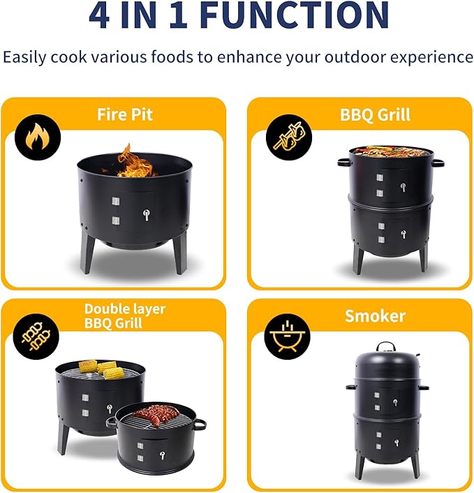 16 inch Vertical Charcoal Smoker, BBQ Grill, Fire Pit, 3-in-1 with Built-in Thermometer, Adjustable Air Vent, Idea for Parties, Backyard, Patio, Camping