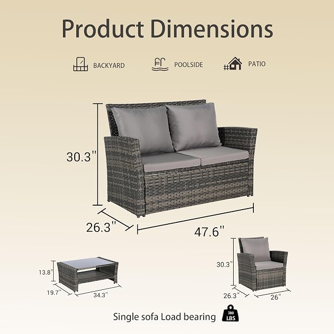 Patio Furniture Set 4 Pieces of Outdoor Furniture, Wicker Conversation Sectional Sofa Set Patio Table and Chairs with Cushion and Glass Table for Patio Backyard Lawn