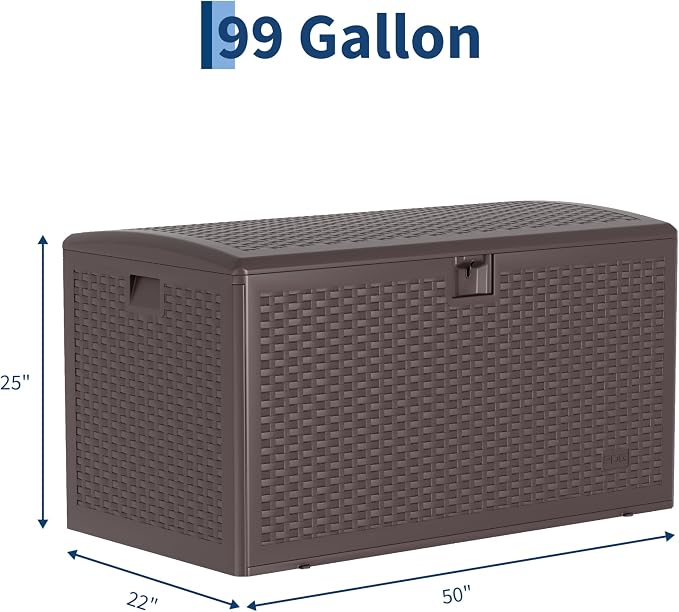 Outdoor Storage Box, 99 Gallon Storage Bin with Lid, Waterproof Large Resin Deck Box, Indoor Outdoor Lockable Storage Container for Patio Furniture Cushions Garden Tools- Brown