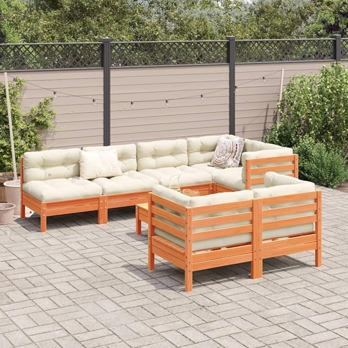 8 Piece Patio Sofa Set with Cushions, Garden Lounge Set Front Porch Furniture Outdoor Dining Sets Patio Conversation Set for Poolside Garden Negotiation Area Piazza Wax Brown Solid Wood Pine