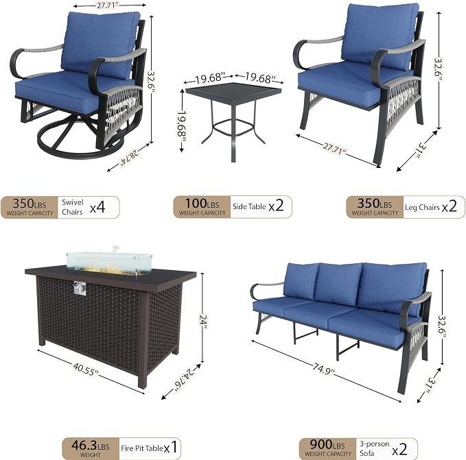 11 Pieces Patio Furniture Set, Metal Outdoor Conversation Sets with Fire Pit Table and Swivel Chairs for Backyard Garden Deck Porch Poolside (Thick Blue Cushions)
