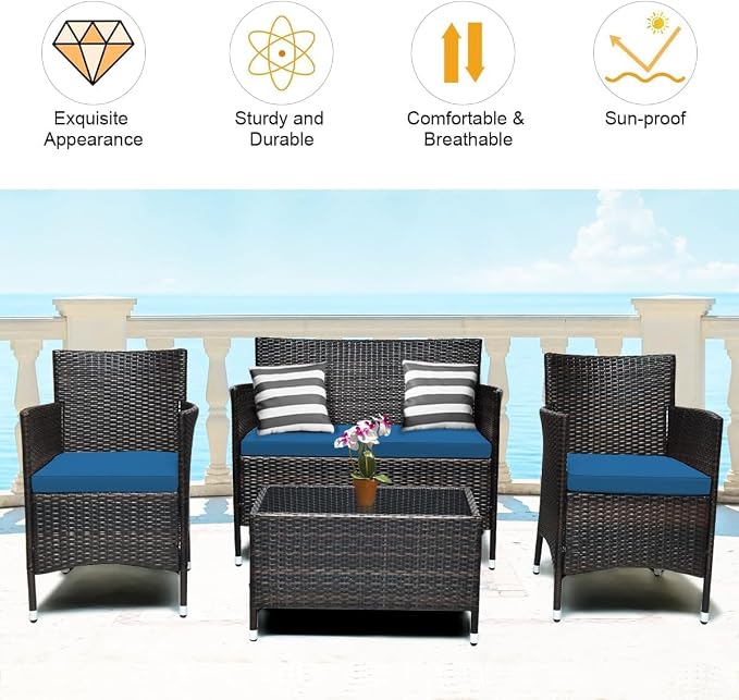 HOMGX 4-Piece Rattan Patio Furniture Set, Sectional Sofa Chair, Wicker Set with Tempered Glass Coffee Table & Thick Cushions, Perfect for Garden, Lawn, Poolside, Backyard (Peacock Blue)
