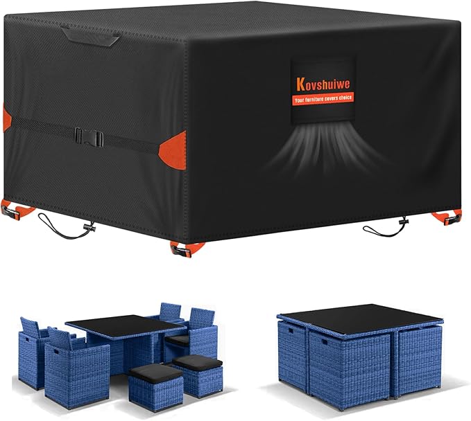 Kovshuiwe Rectangular Patio Heavy Duty Table Cover -Patio Covers for Shade and Rain, 600D Tough Oxford Cloth Waterproof Outdoor Dining Table and Chairs Furniture Cover Size 62" Lx42 Wx28 H