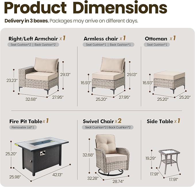 8-Piece Wicker Outdoor Sectional Furniture with Firepit Table, Wide Armrest Patio Couch Set Swivel Rocking Chair Ottoman, Modern Modular Conversation Sets for Backyard Deck Garden, Beige