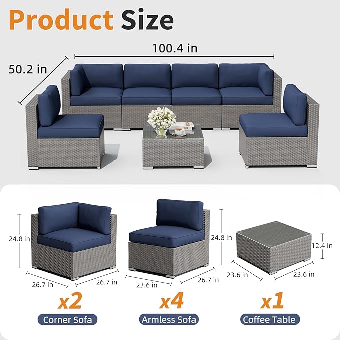Oakcloud 7-Piece Outdoor Patio Furniture Set Grey Rattan Wicker Sectional Sofa Conversation Sets with Cushions and Glass Top Table (Dark Blue)