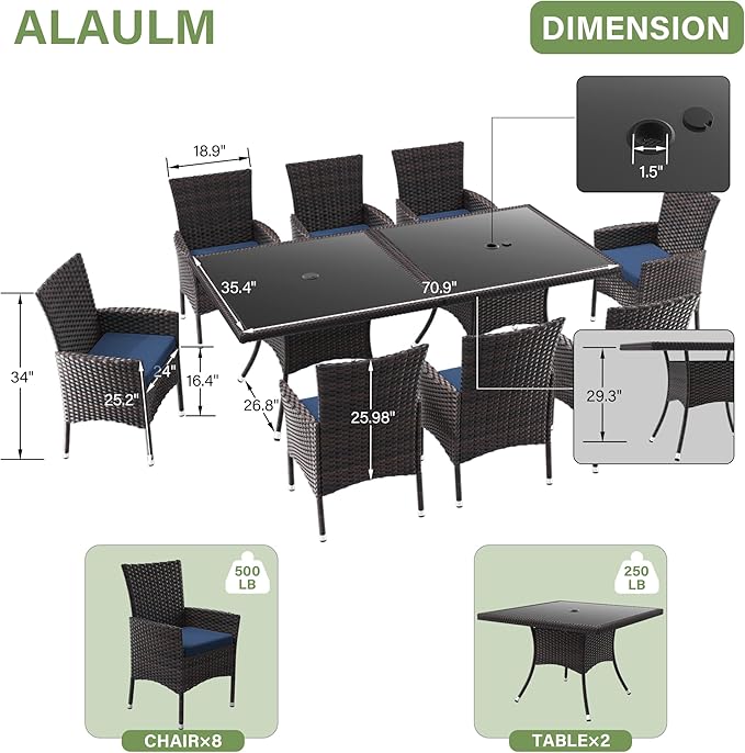 ALAULM 10 Piece Patio Dining Set All-Weather Wicker Outdoor Dining Table and Chairs w/Tempered Glass Tabletop, Removable Cushions and Umbrella Hole for Patio, Backyard, Garden, Poolside -DarkBu