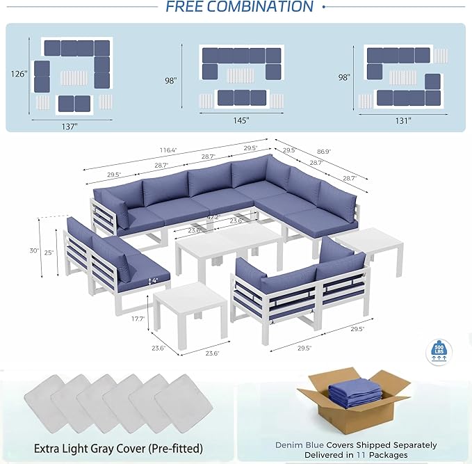 NICESOUL 14 Piece Extra Large Aluminum Outdoor Furniture Set, Rust-Proof Luxury Patio Sectional with Coffee Table, 500lbs Sturdy Comfortable Couch Sofa Conversations for Outside Garden, Denim Blue