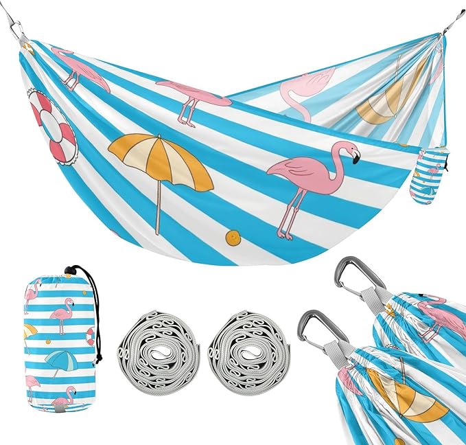 Blue White Striped Summer Flamingo 330lb Capacity Outdoor Hammock with Tree Straps Fabric Hammock for Outside Patio Garden jamaca para Patio