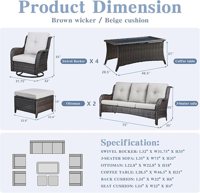 Belord Wicker Patio Furniture Sets - 8 Piece Rattan Outdoor Furniture Conversation Sets with 4 Swivel Rocker Chairs, Rattan Sofa, Wicker Ottomans and Coffee Table, Brown/Beige