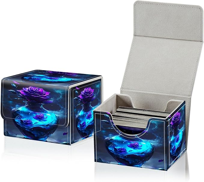 Card Deck Box for MTG, Cards Storage Box Fits 120+ Sleeved, Leather Small Size Strong Magnetic Closing Card Case for Board Games Magic TCG CCG Baseball Collection, Purple Rose Vase