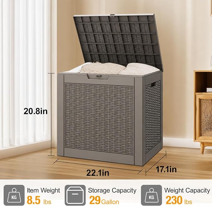 KAMABOKO 29 Gallon Outdoor Storage Box, Resin Deck Boxes Indoor and outdoor, Waterproof Storage Box Lockable Lid for Garden Tools, Package Delivery, Pool Supplies, Patio Cushions, Grey