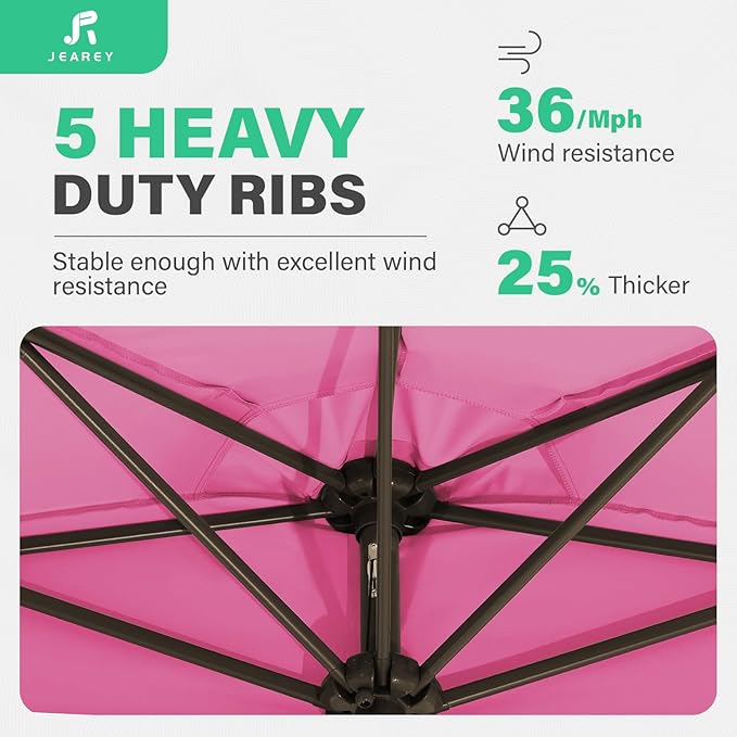 JEAREY 9ft Half Umbrella Outdoor Patio Umbrella Market Umbrellas with Crank, 1/2 Round Wall Umbrella 5 Sturdy Ribs UV Protection for Pool Garden Balcony Deck, Rose Pink