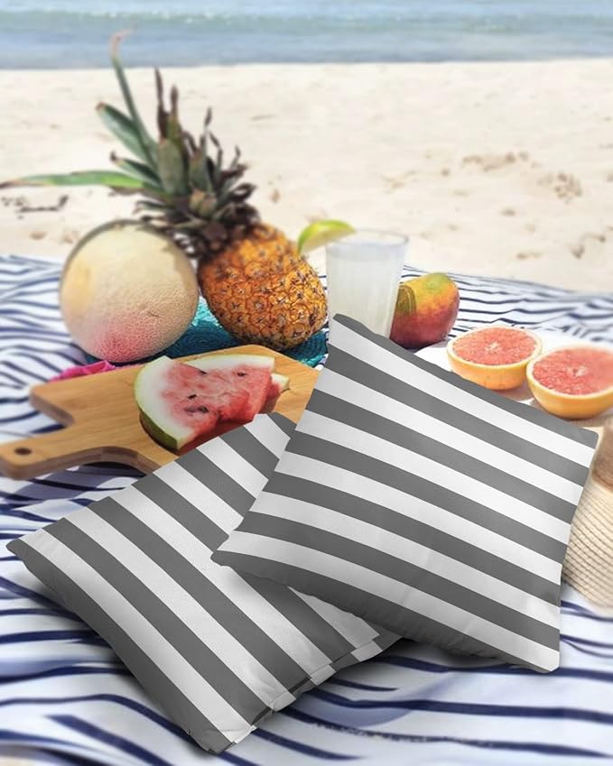 Outdoor Waterproof Pillow Covers for Patio Furniture Grey and White Stripes Decorative Throw Pillow Cover Solid Striped Pillowcases Set of 2 Cushion Case for Sofa Couch Chair 18 x 18 in