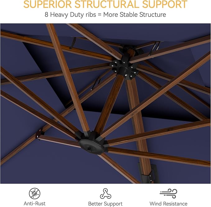 10x13 FT Wood Pattern Patio Umbrella, Large Deluxe Cantilever Rectangular Double Top Heavy Duty Offset Umbrellas with 360° Rotation, Outdoor shade for Garden Deck Pool Patio, Navy