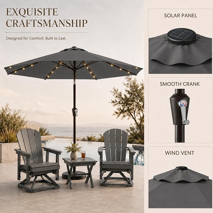 10FT Solar Lighted Patio Umbrella, Outdoor Table Market Umbrellas with Push Button Tilt and Crank, 32 LED Lights, 8 Sturdy Ribs, UV-Resistant for Deck, Garden, Pool