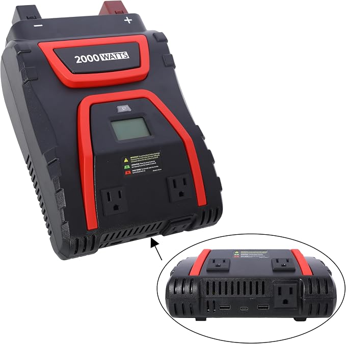 2000W Power Inverter Modified Sine Wave with LCD Display 3 AC Outlets and USB Ports 12V DC to 115V AC Car Camping Inverter Built-in Short Circuit Protection for Trucks RVs Emergency Black Plastic