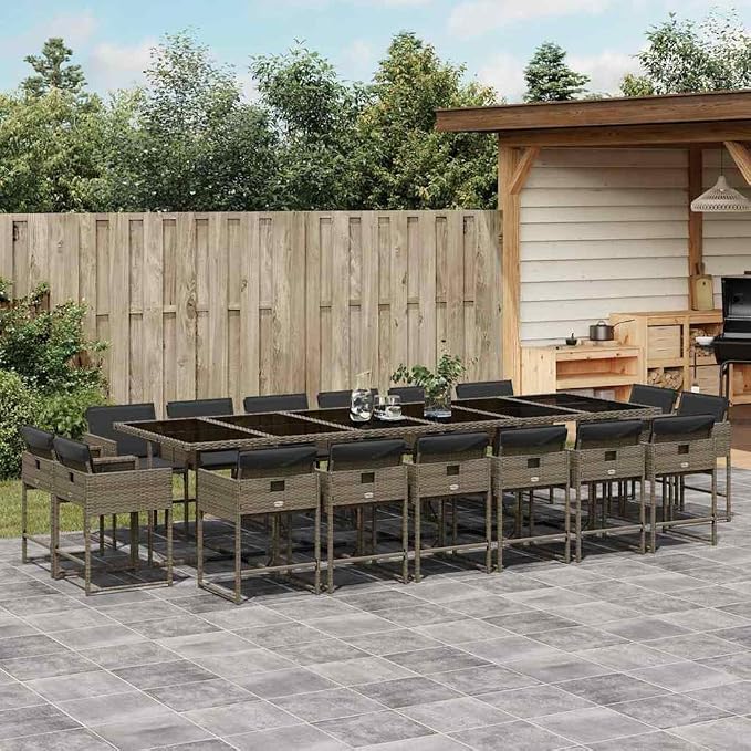 17 Piece Patio Dining Set, Poly Rattan Garden Table and 16 Chairs with Washable Cushions, Space Saving Cube Design for Backyard Deck