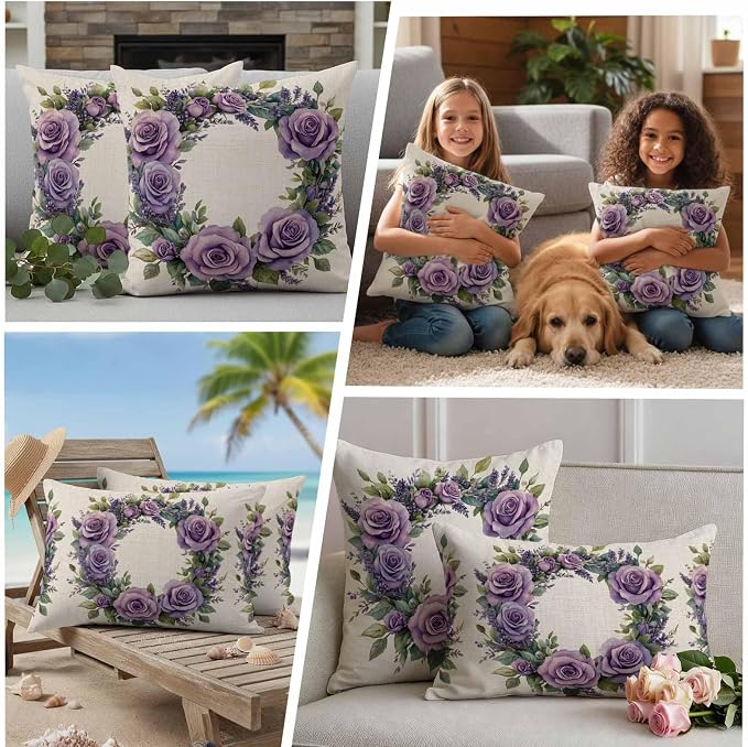 Spring Flower Outdoor Waterproof Throw Pillow Covers Set of 2, 24"x24", Purple Rose Wreath Blooming Floral Retro Decorative Pillow Covers Outside Cushion Case for Patio Porch Garden