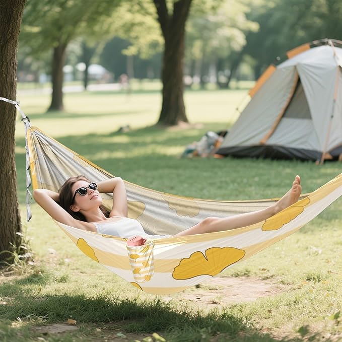 Yellow White Striped Ginkgo Biloba Leaf 330lb Capacity Outdoor Hammock with Hanging Rope Indoor Hammock for Camping & Hiking Essential capas para la Lluvia