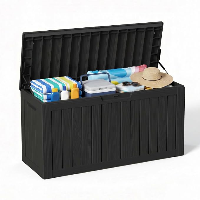 95 Gallon Outdoor Deck Storage Box, All Weather Vertical Wood Grain Lockable Storage Container for Poolside, Patio & Backyard Large Outdoor Storage (Black,95GAL)