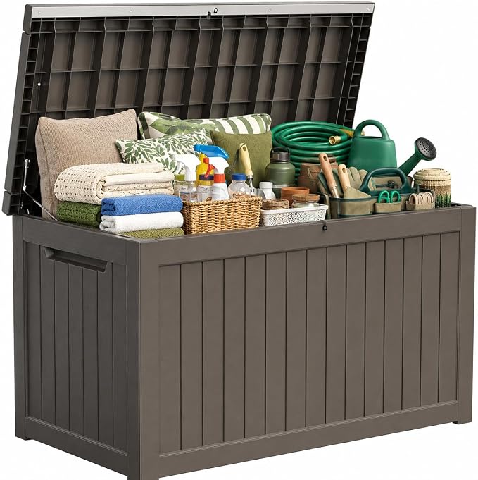 Outdoor Deck Patio Storage Box - 280 Gallon Large Outdoor Deck Box, Plastic Storage Bin with Lid, Outside Toy Box & Pool Storage Container for Cushions, Garden Tools, Towel, Brown