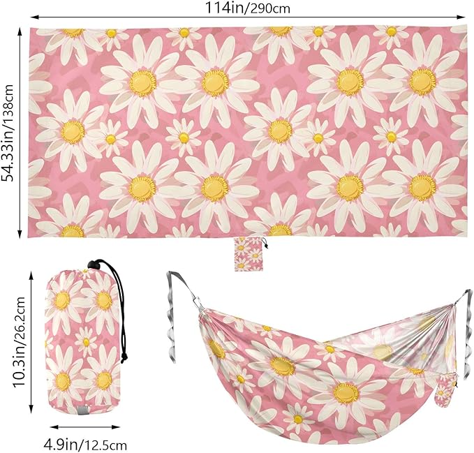 Portable Single Hammock Pink Pattern White Daisy Garden Yard Outdoor Hammocks