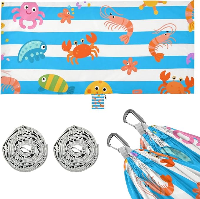 Blue White Striped Sea Animal 330lb Capacity Camping Hammock with Hanging Rope Hanging Hammock for Patio Backyard Lounge Base hamaca para acampar