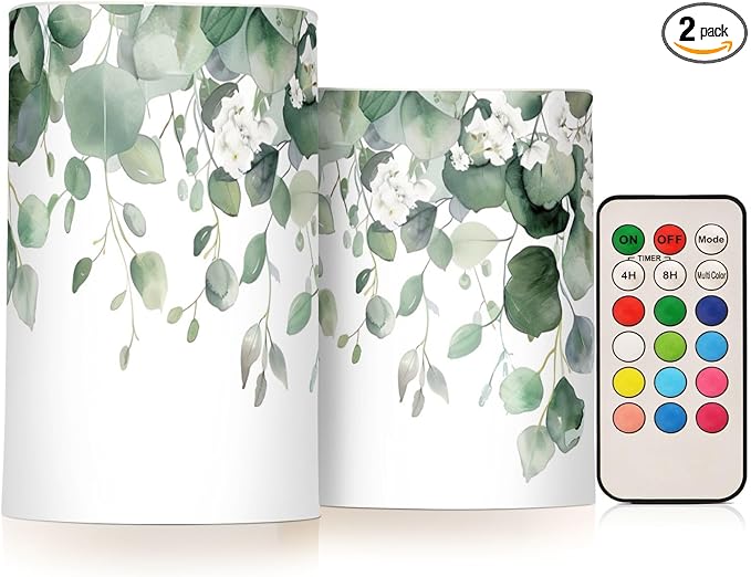 Watercolor Leaf and Flower Pattern Flameless Candles Color Changing LED Candles with Remote Control Battery Candles for Outdoor and Indoor Home and Room Decoration, 3'' x 4''/5'' Set of 2 Pieces