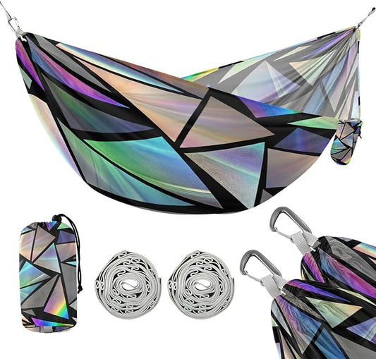 Iridescent Triangles Camping Hammock, Portable Lightweight Single Hammock with Tree Straps and Aluminum Carabiners, 114" x 54" Travel Hammock for Hiking Backpacking Beach