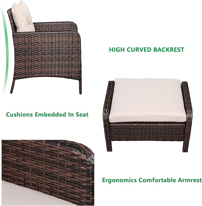 HomVent 5 Piece Wicker Patio Furniture Set, PE Wicker Rattan Outdoor All Weather Patio Sofa and Ottoman, Outdoor Bistro Set Patio Conversation Set with 2 Cushioned Chairs, 2 Ottomans & Coffee Table