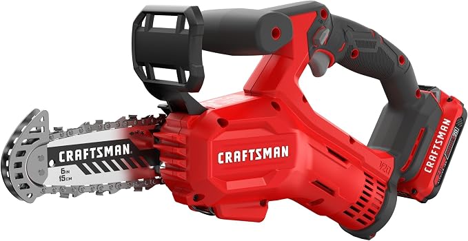 CRAFTSMAN V20 Mini Cordless Chainsaw, Pruning Saw, 6" Chain, Small Handheld Chainsaw, 2Ah Battery and Charger Included, Tree Trimming and Pruning, Compact and Lightweight (CMCCS320D1)