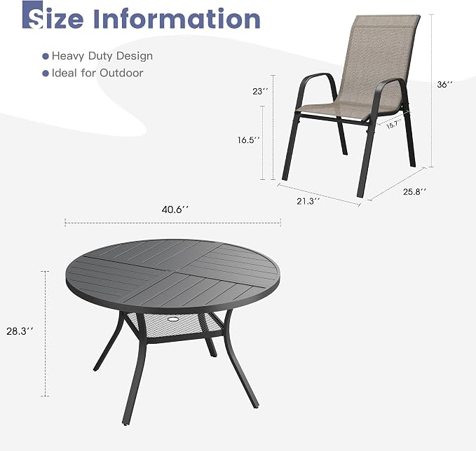VICLLAX Round Outdoor Patio Dining Set for 4, Metal Slatted Patio Table with Umbrella Hole and 4 Stackable Patio Chairs for Deck Lawn Garden, Brown Fabric and Black Tabletop