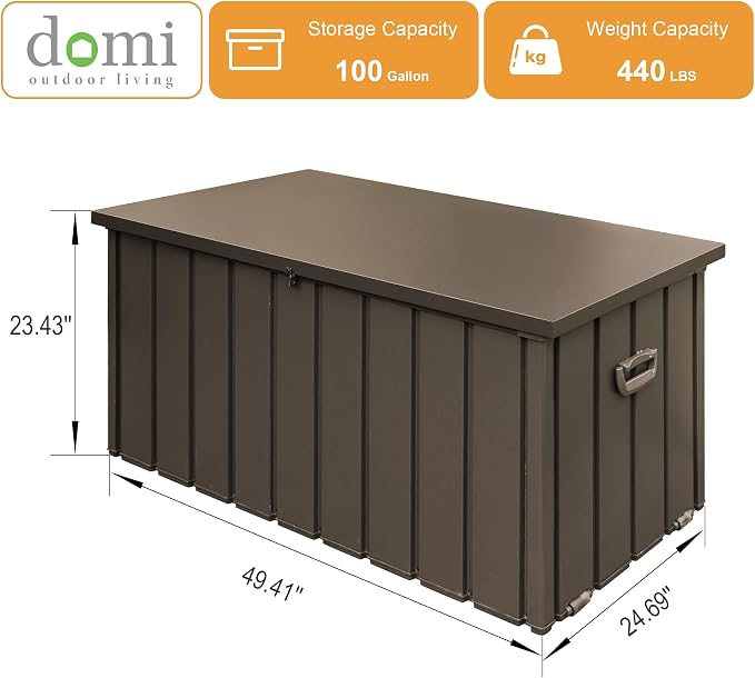 Domi 100 Gallon Deck Box, Outdoor Metal Lockable Storage Cabinet, Waterproof Steel Outdoor Bench with Lockable Lid, Side Handles & Rolling Casters for Outside Cushions, Pillows, Garden Tools, Brown