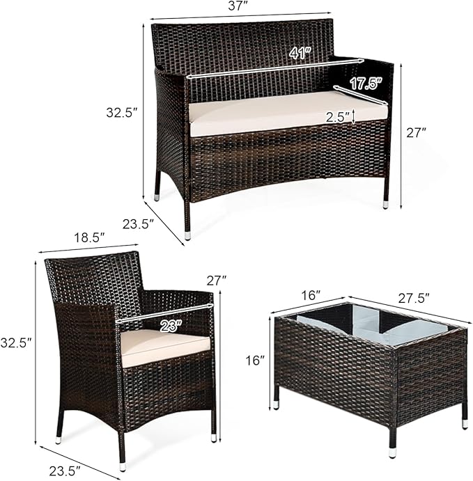 COSTWAY 8PCS Rattan Patio Furniture Set, Outdoor Wicker Rattan Chairs with Coffee Table, Rattan Cushioned Conversation Set for Backyard Balcony Porch Poolside, Brown