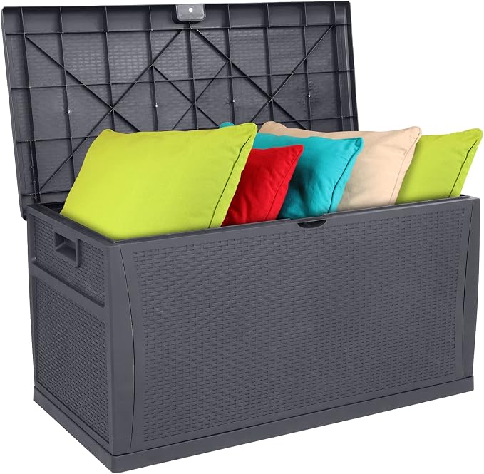 VINGLI 120 Gallon Large Deck Box Outdoor Storage Box with Lid, Plastic Patio Furniture Container Bin Rattan Grain Surface for Cushions Books Garden Tools Pool Accessories (Grey)