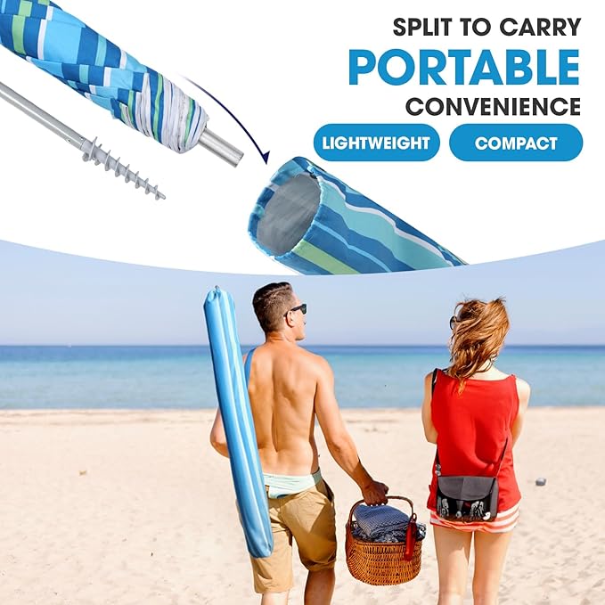 wikiwiki 7ft Beach Umbrella with Sand Anchor & Tilt, UPF 50+ Protection Beach Umbrellas for Sand, with Carry Bag and Hook, for Patio Garden Pool, Light Blue Stripes