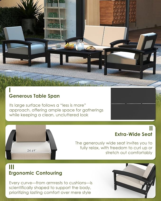 GREENVINES Deluxe 4-Piece Patio Furniture Set | HDPE Plastic | Outdoor Sectional Conversation Sets | All-Weather Couch | Sofa with Coffee Table | Black Frame w/Beige Cushion | for Porch Lawn | Black