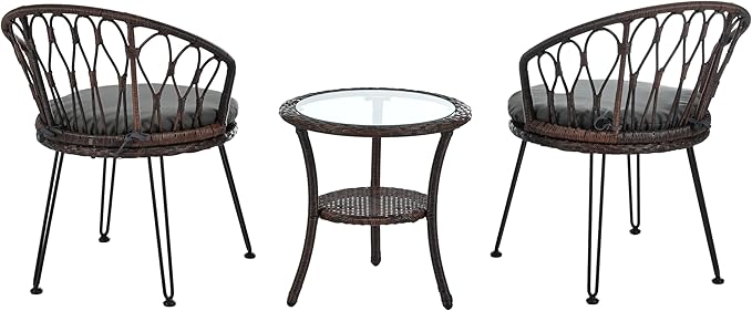 Montary 3 - Piece Outdoor Leisure Set,2 Stylish Hand - Woven Rattan Single Chairs & a Sturdy Tempered Glass Round Table - Ideal for Relaxing on Balconies and Courtyards,Brown & Gray
