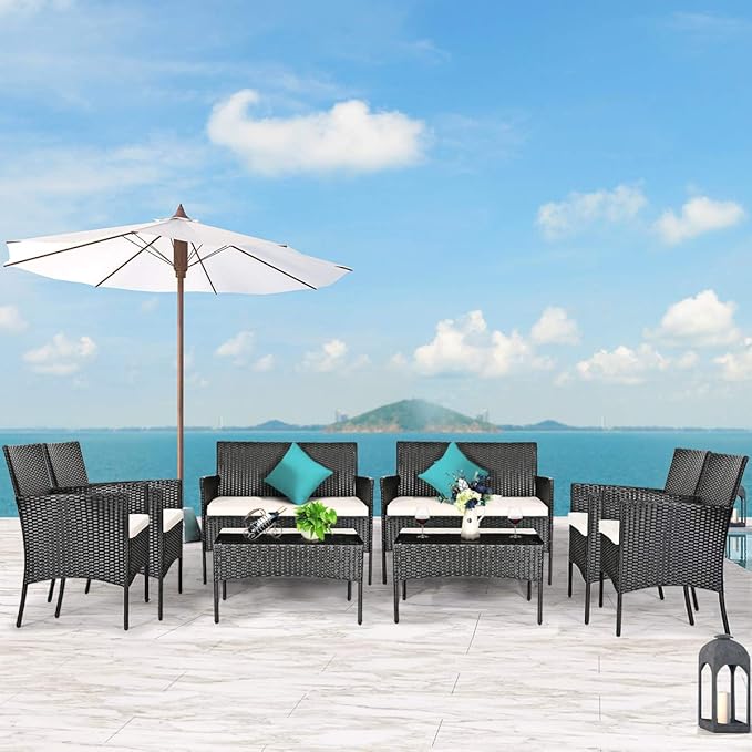 Tangkula 8 Piece Patio Furniture Set, Outdoor Wicker Conversation Set with Tempered Glass Coffee Table, Rattan Loveseat & Chairs Set with Seat Cushions for Backyard, Garden, Poolside (2, Beige)