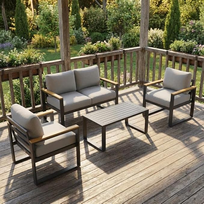 Aluminum Outdoor Patio Furniture - 1 Pcs Loveseat and Coffee Table, All-Weather Metal Modern Outside Furniture with Washable Thick Cushion for for Balcony, Garden, Deck, Backyard,Gray