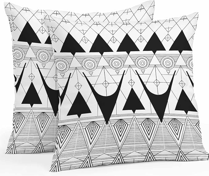 Throw Pillow Covers 18x18 Inch Set of 2, Black White Geometric Waterproof Outdoor Pillow Covers, Vintage Art Striped Decorative Cushion Pillowcases for Couch, Sofa, Bed, Garden, Patio