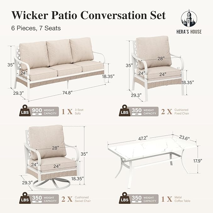 HERA'S HOUSE 6 Piece Metal Patio Furniture Set, All Weather Outdoor Conversation Set with 3-Seat Sofa, 2 Rocking Chairs, 2 Fixed Chairs & Coffee Table, 7 Seats for Backyard, Garden, Deck, White/Beige