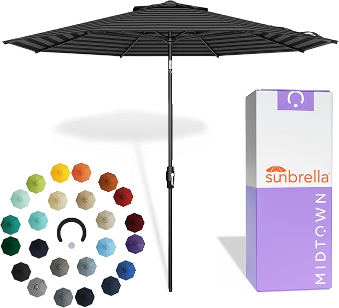 Midtown Umbrellas – The Swilt 9 Ft Patio Umbrella with 360° Swivel & Tilt Mechanism, Sunbrella Fabric & 8 Fiberglass Ribs – Outdoor Umbrella for Deck, Pool & Cafes – Black & White Canopy, Black Pole