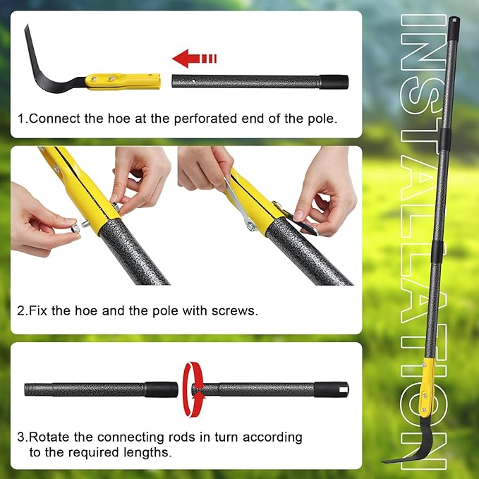 Hoe Garden Tool, 66" L Shape Sickle Garden Tool with Double-Edged Blade and Adjustable Long Handle, Heavy Duty Crack Crevice Weeding Hoe for Weeding, Loosening Soil, Trenching