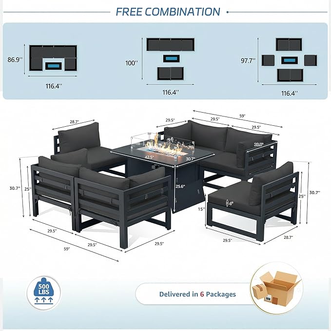 NICESOUL Aluminum Patio Furniture Set with Fire Pit Table Propane/Gas, 6 Seat Large Modular Outdoor Sectional Couch, 29" Deep Seating, Modern L Shaped Conversation Sofa for Backyard Deck, Dark Grey