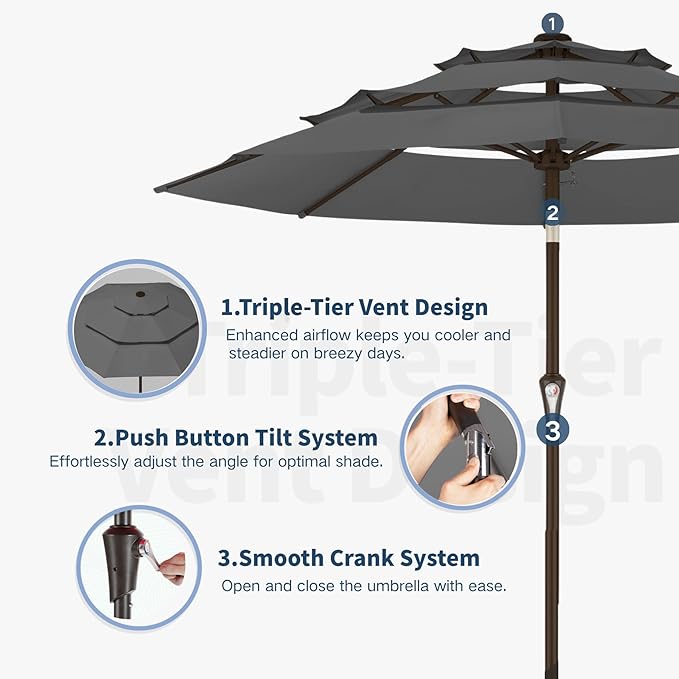 10FT Patio Umbrella 3 Tiers Outdoor Market Umbrella w/Push Button Tilt, Crank, UV and Waterproof Table Umbrella for Garden, Pool, Backyard, Deck, Lawn, Grey