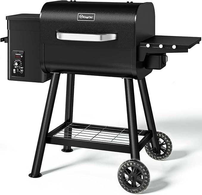 KingChii Electric Wood Pellet Grill & Smoker with Side Shelf, 456 SQ.IN Grill Capacity, 18LB Hopper, with PID Temperature Control (180-425°F) for Backyard Camping Bake and Roast, Black